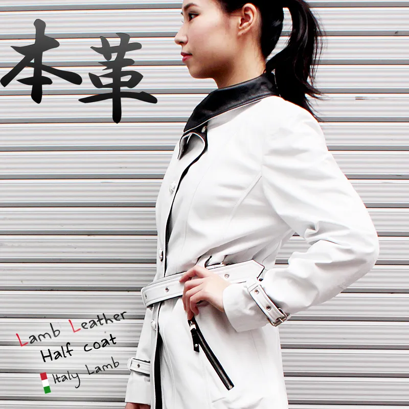 ラム革 ベルト付きレザーコート レディース ホワイト YU-04 Mo-LAWZ