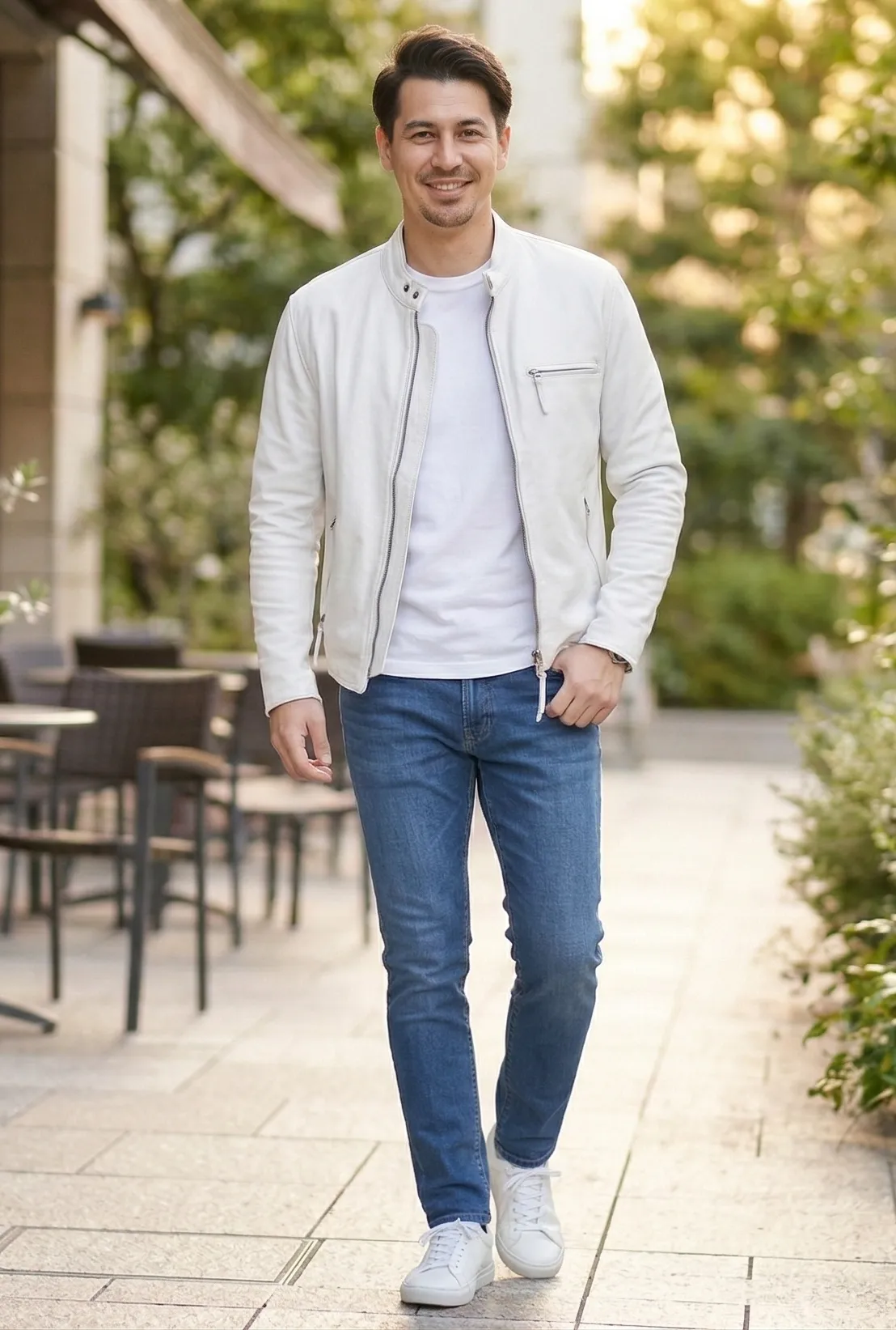 白ライダース×デニムの爽快スタイル