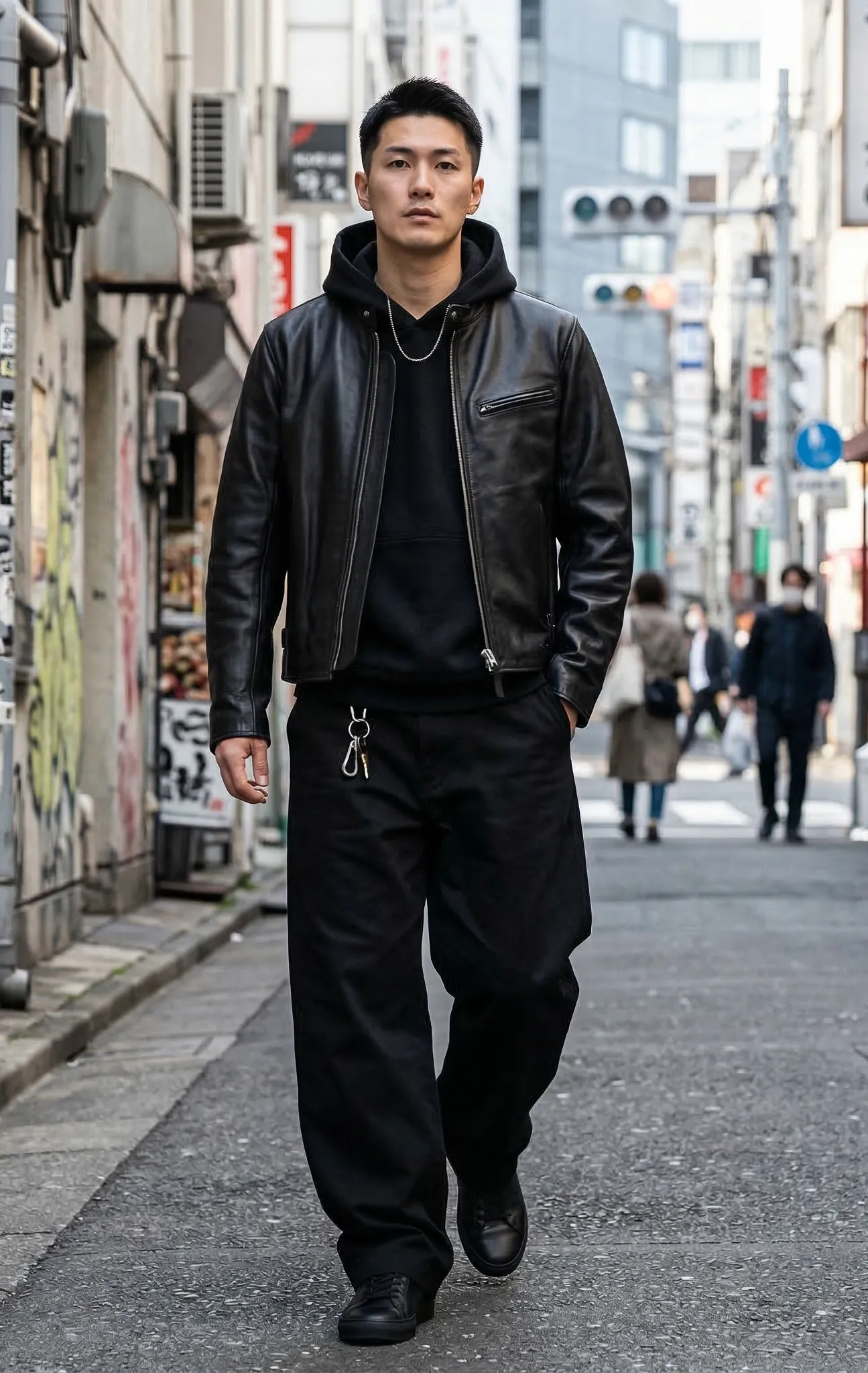 ライダースジャケット オールブラックストリートコーデ