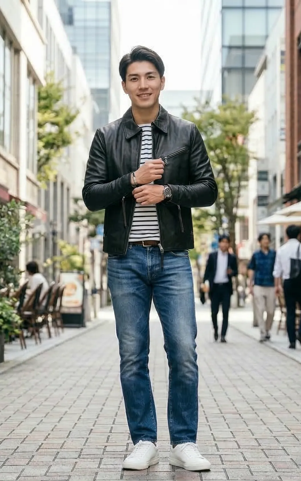 ライダースジャケット マリンカジュアルコーデ