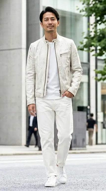 ダメージホワイトライダース オールホワイトコーデ