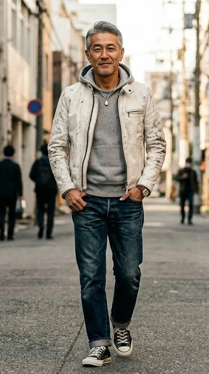 ダメージホワイトライダース ストリートカジュアルコーデ