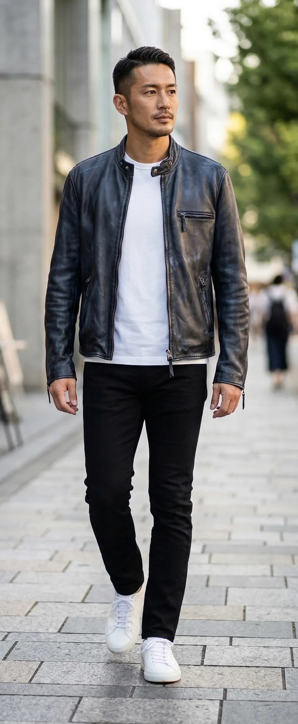 ダメージネイビーライダース モノトーンカジュアルコーデ