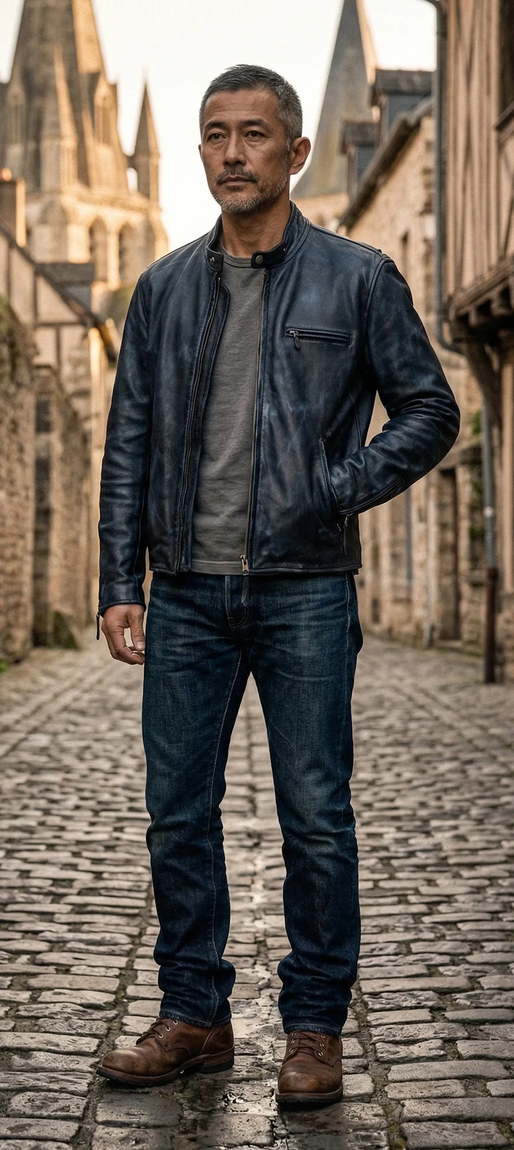 ダメージネイビーライダース ヴィンテージカジュアルコーデ