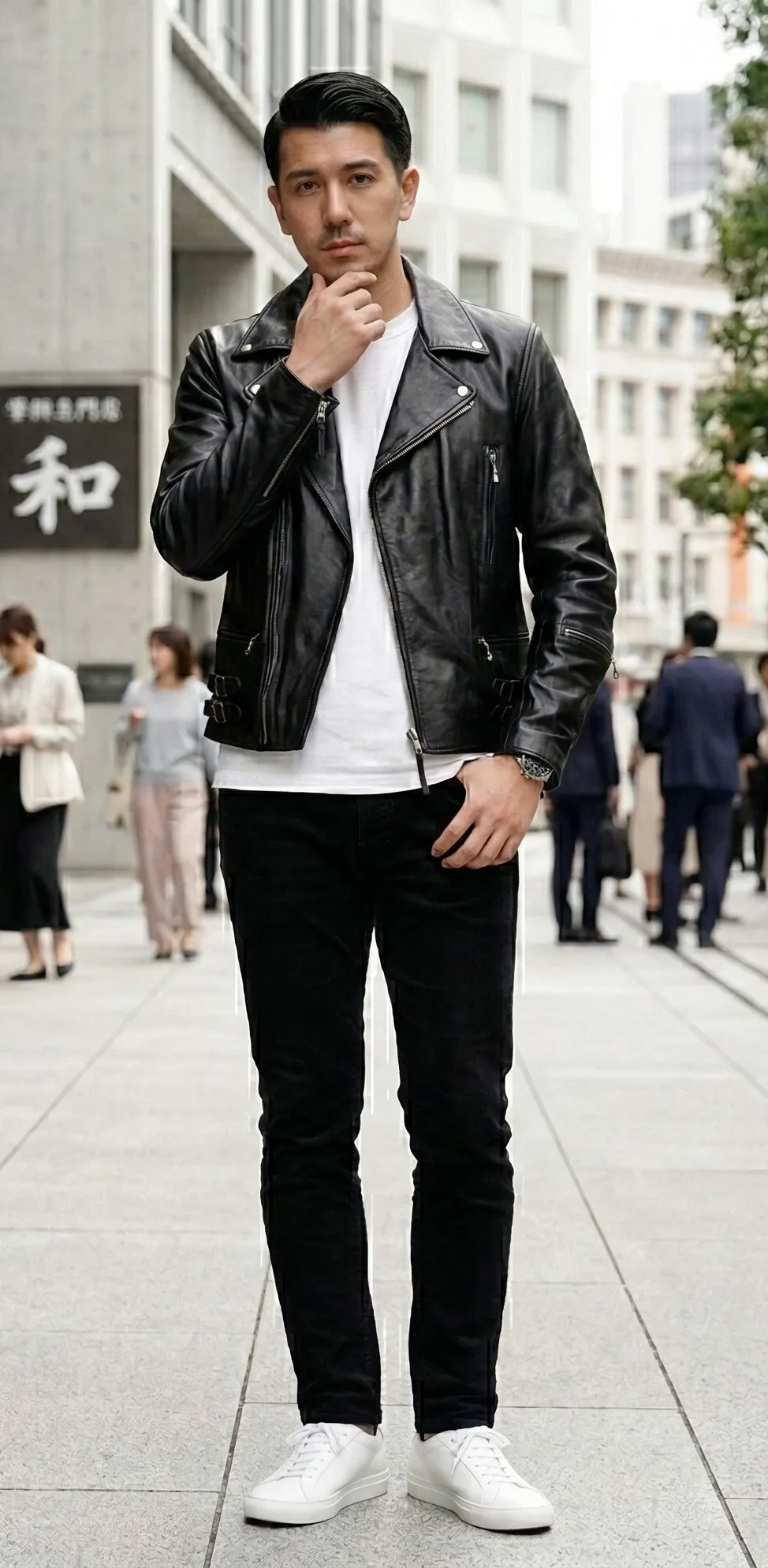 黒ダブルライダース モノトーンカジュアルコーデ