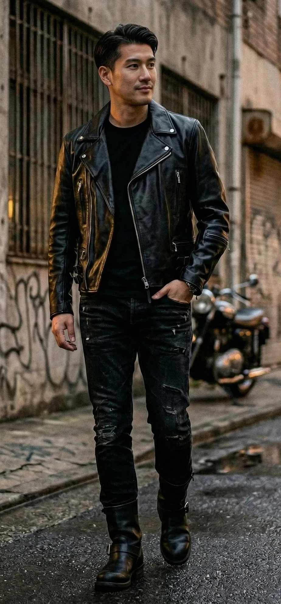 黒ダブルライダース オールブラックハードコーデ