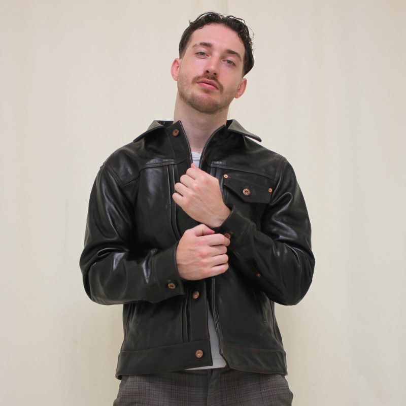 TAJIMA LEATHER 牛革 Gジャンタイプ レザージャケット メンズ ブラック 本革 カウレザー 着用イメージ
