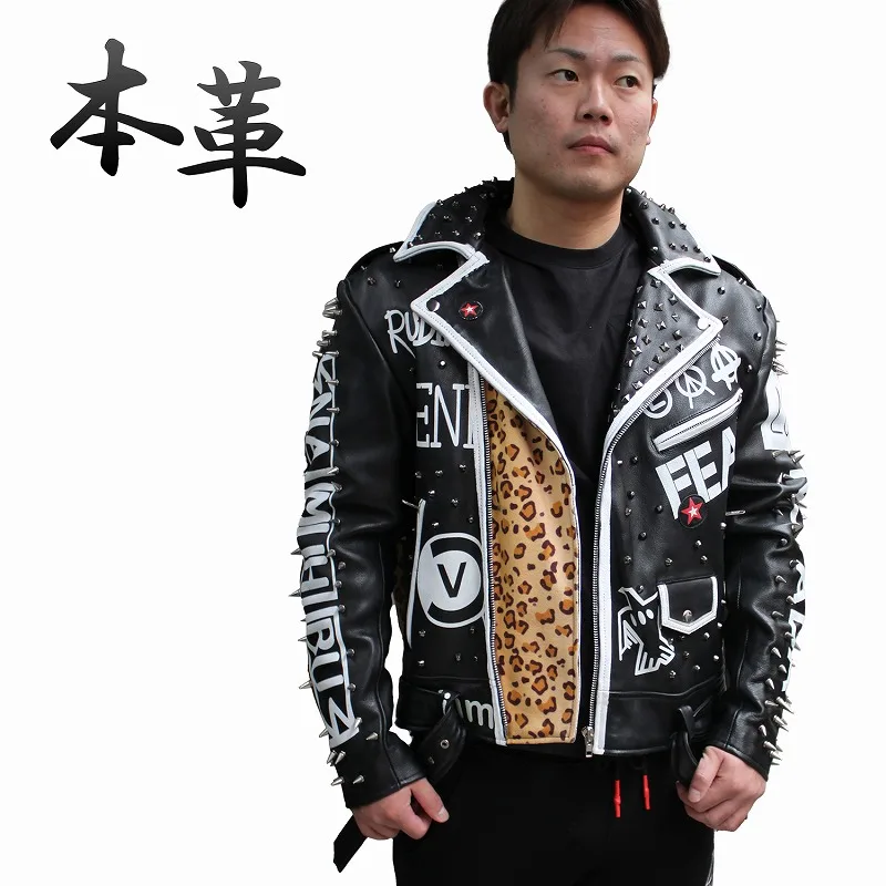 スタッズ ライダースジャケット 鋲ジャン 鋲ジャン メンズ スタッズ付き ロックスター レザージャケット ヒョウ